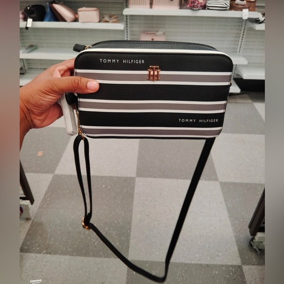 TOMMY HILFIGER SIGNATURE STRIPED CROSSBODY BLACK/GREY (NEW) - Picture 1 of 2